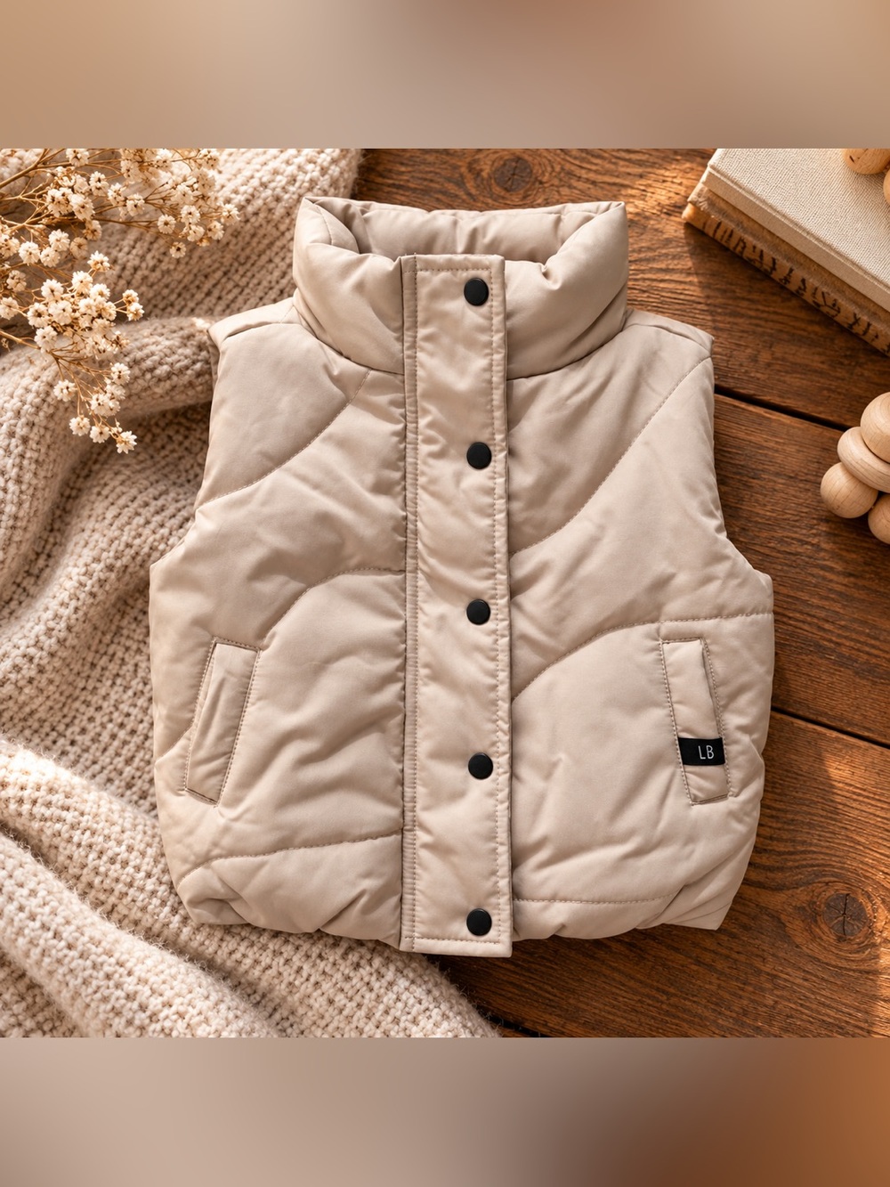 NWOT Little Bipsy Baby Puffer Vest 3-6M Cream Beige Quilted Snap Zip Unisex